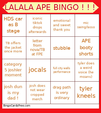 LALALA APE ! ! ! Bingo Card