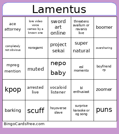 Lamentus Bingo Card