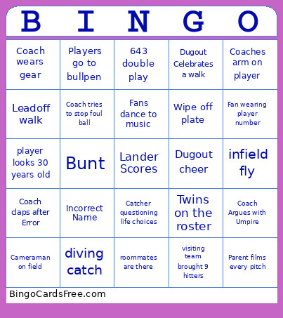 Lander Baseball Bingo Card