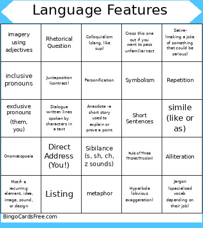 Language Features Bingo Card