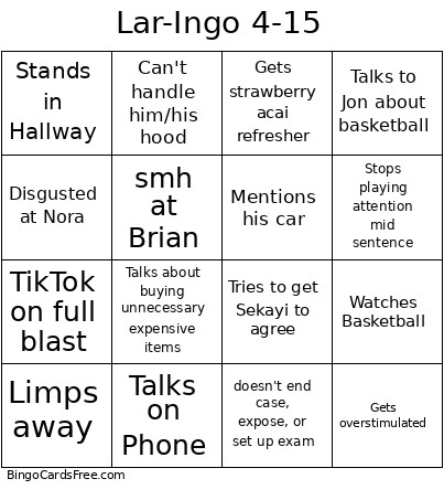 Lar-Ingo Wed 4-15 Bingo Card