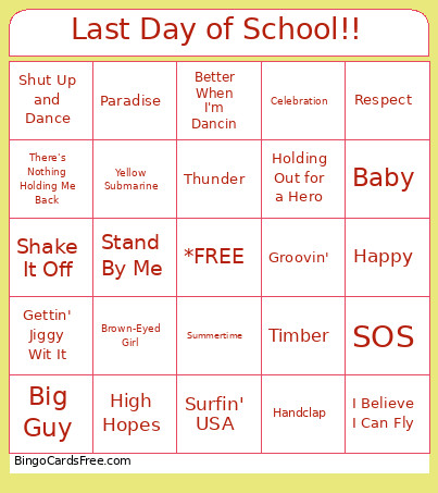 Last Day Of Schoo Music Bingo Card