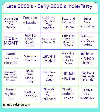 Late 2000's - Early 2010's Indie/Party Bingo Card