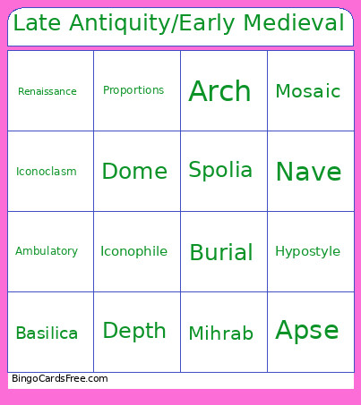 Late Antiquity/Early Medieval Bingo Card
