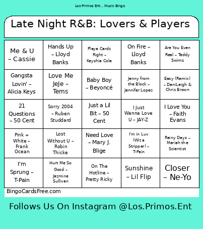 Late Night R&B: Lovers & Players Bingo Card