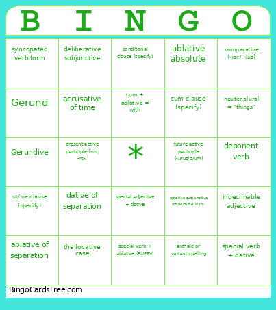 Latin Grammar Bingo Card