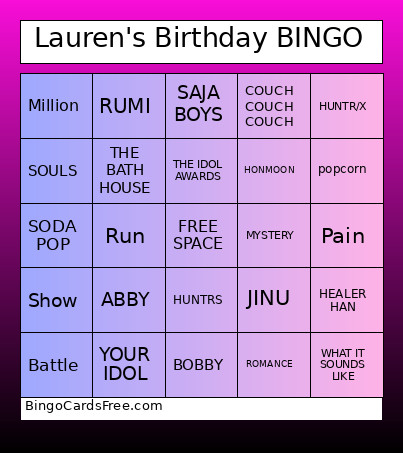 Lauren's Birthday Bingo Card