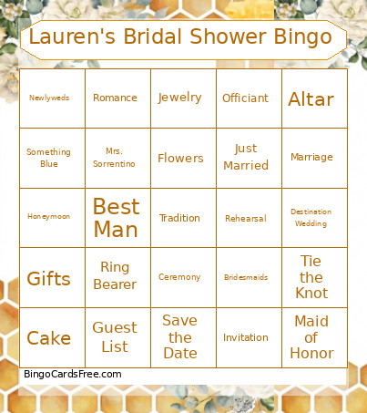 Lauren's Bridal Shower Bingo Card 2