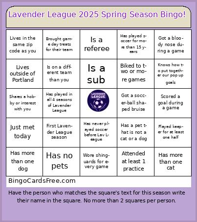 Lavender League 2025 Spring Season Bingo!
