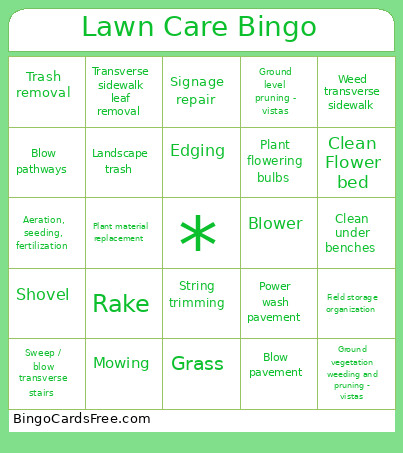 Lawn Care Bingo Card