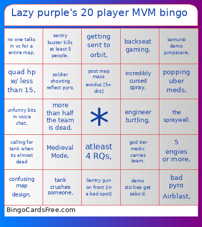 Lazy Purple's 20 Player MVM Bingo Card