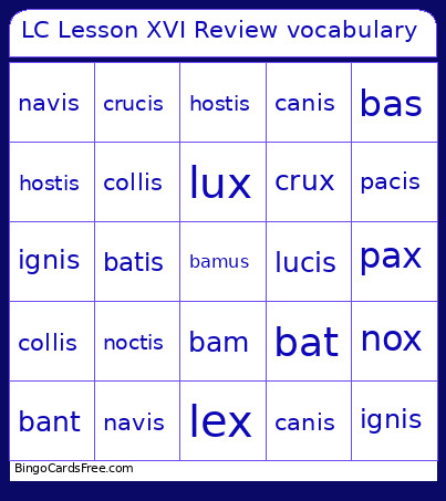 LC Lesson XVI Review Vocabulary Bingo Card