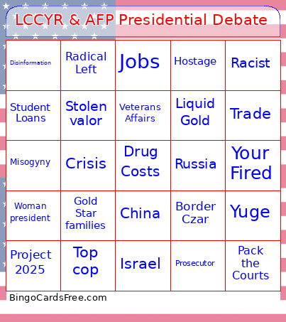 LCCYR & AFP Presidential Debate Bingo Card