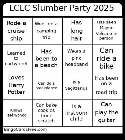 Slumber Party 2025 Bingo Cards Free Pdf Printable Game, Title: LCLC Slumber Party 2025