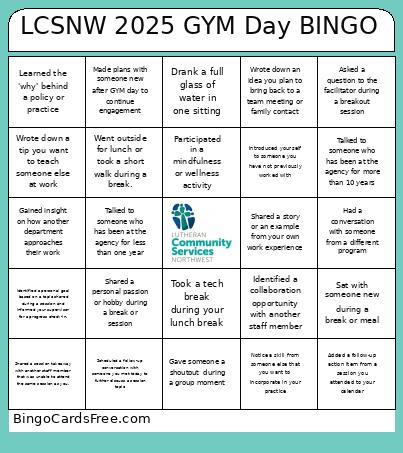 LCSNW 2025 GYM Day BINGO