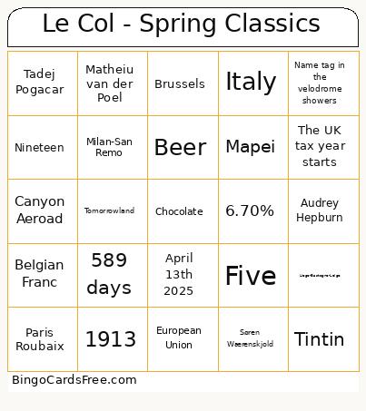 Le Col - Spring Classics Bingo Card