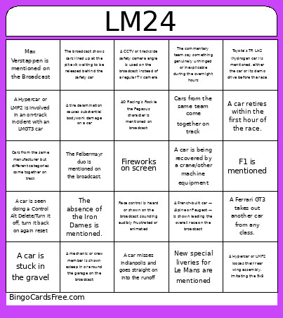 Le Mans 24h 2026 Bingo Card