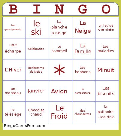 Le Vocabulaire D'Hiver Bingo Card
