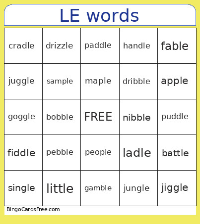 LE Words Bingo Card