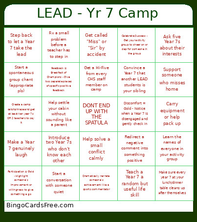 LEAD - Yr 7 Camp Bingo Card