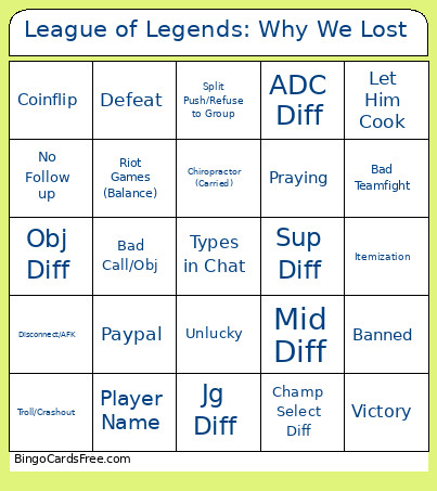 League Of Legends: Why We Lost Bingo Card