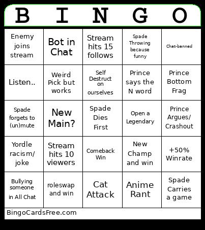 League Stream Bingo Card