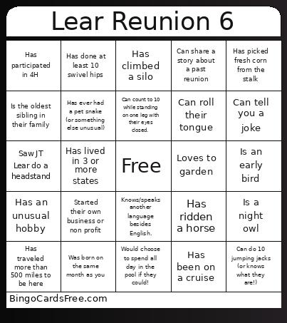 Lear Reunion 6 Bingo