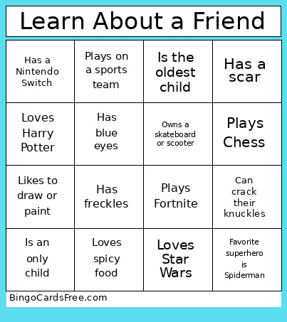 Learn About A Friend Bingo Card
