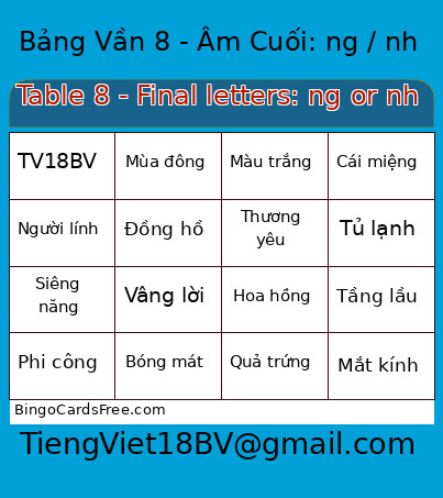 Learning Vietnamese With 18 Rime Tables Bingo Card