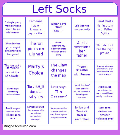Left Socks Bingo Card