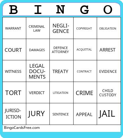 LEGAL Bingo Cards Free Pdf Printable Game, Title: BINGO