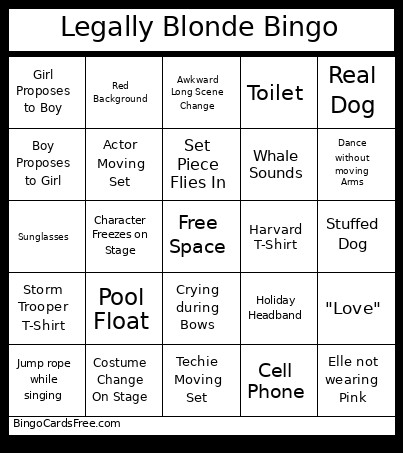 Legally Blonde Bingo Card