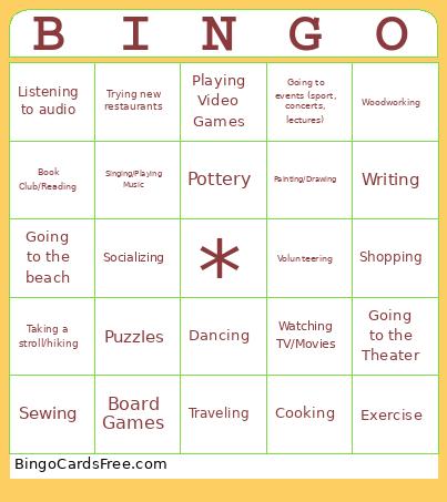 Leisure Activities Bingo Card