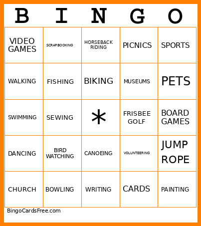 Leisure Activities Bingo Card
