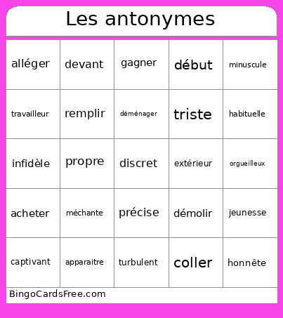 Les-antonymes Bingo Card