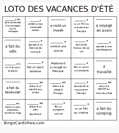 Les Vacances D'été (2025) Bingo Card