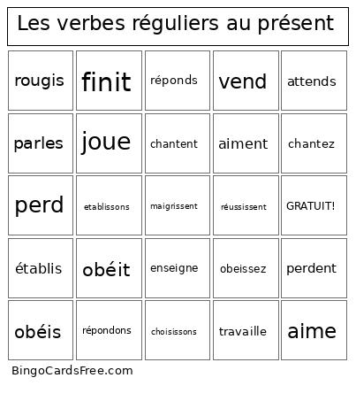 Les verbes réguliers au présent Bingo Cards Free Pdf Printable Game, Title: Les verbes réguliers au présent