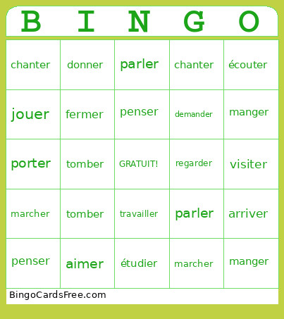 Les Verbes Reguliers -ER Bingo Card