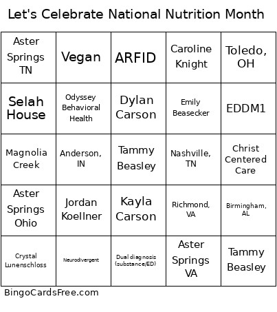 Let's Celebrate National Nutrition Month Bingo Card