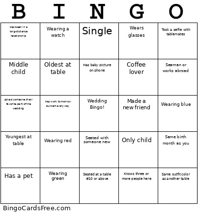 Let's Mingle: Wedding Bingo Card