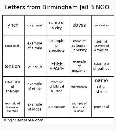 Letters From Birmingham Jail Bingo Card