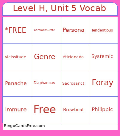 Level H, Unit 5 Vocab Bingo Card