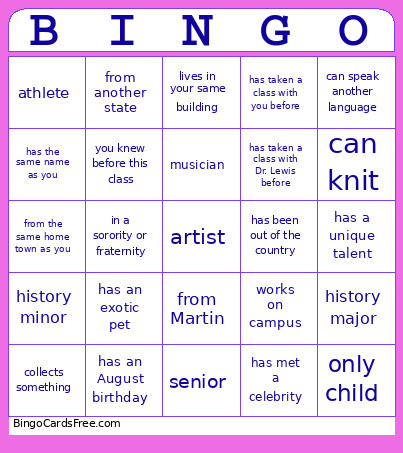 Lewis First Day Bingo Card