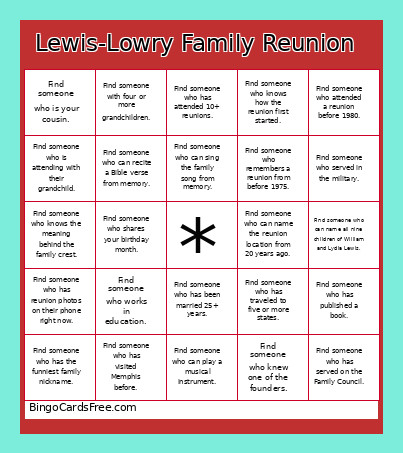 Lewis-Lowry Family Reunion Bingo Card