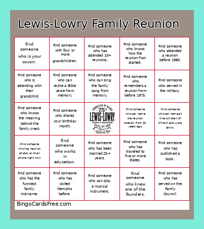 Lewis-Lowry Family Reunion Bingo Card