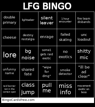 LFG Bingo Card