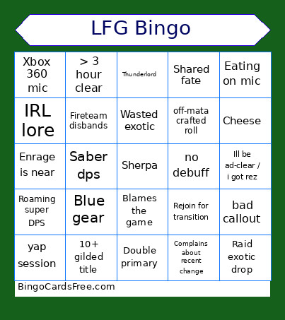 LFG Bingo Card