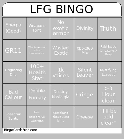 LFG Bingo Card
