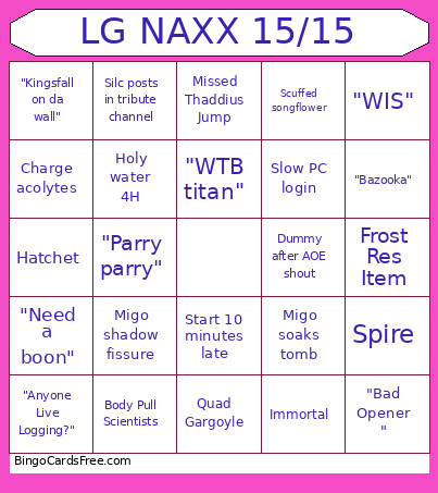 LG NAXX 15/15 Bingo Card
