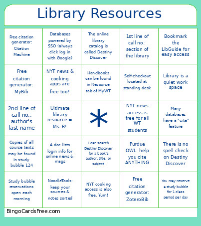Library Resources Bingo Card
